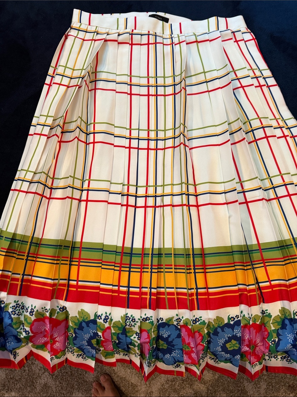 J. Crew White Pleated Midi Skirt with Multicolor Plaid and Floral Border